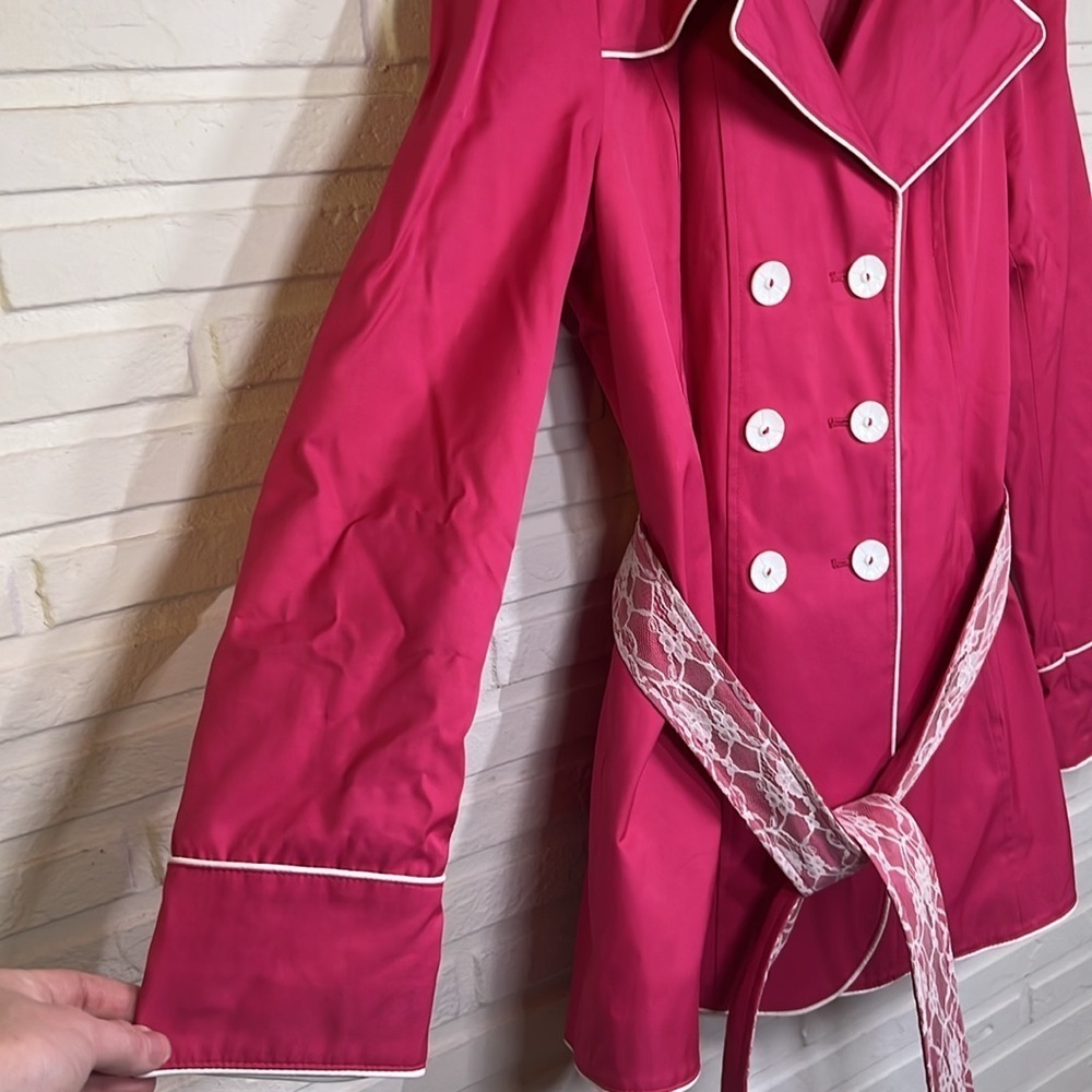 Betsey Johnson Hot Pink Lace Double Breasted Trench Coat, Women’s Size Medium - Picture 7 of 11
